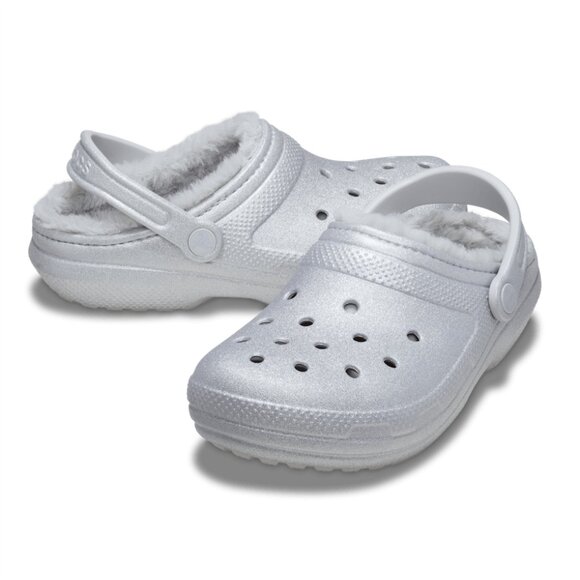 NEW CROCS Sizes 7-10 Women's Classic Fuzz Lined Glitter Clog - Silver - Picture 2 of 6